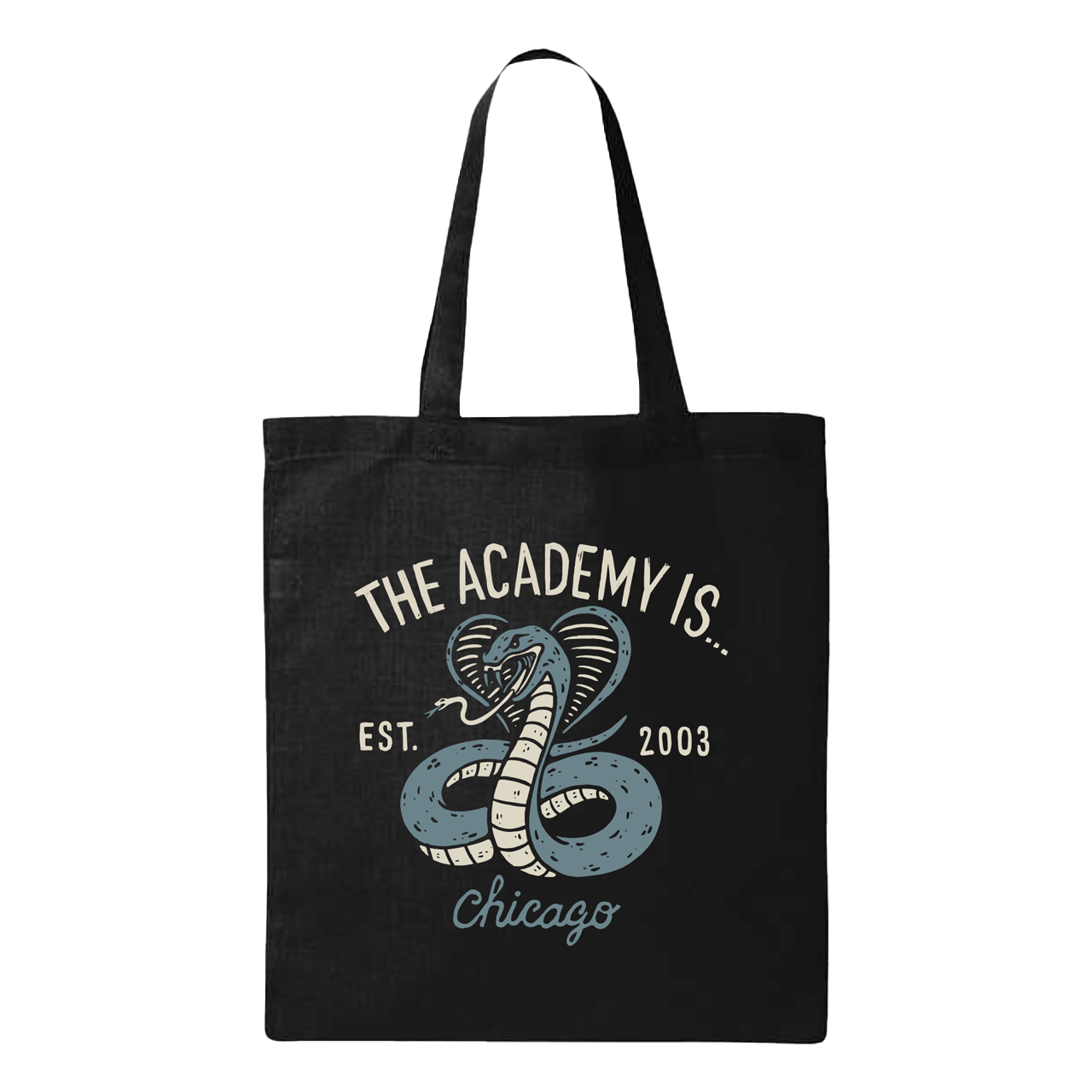 Black tote bag with snake design and text on a white background