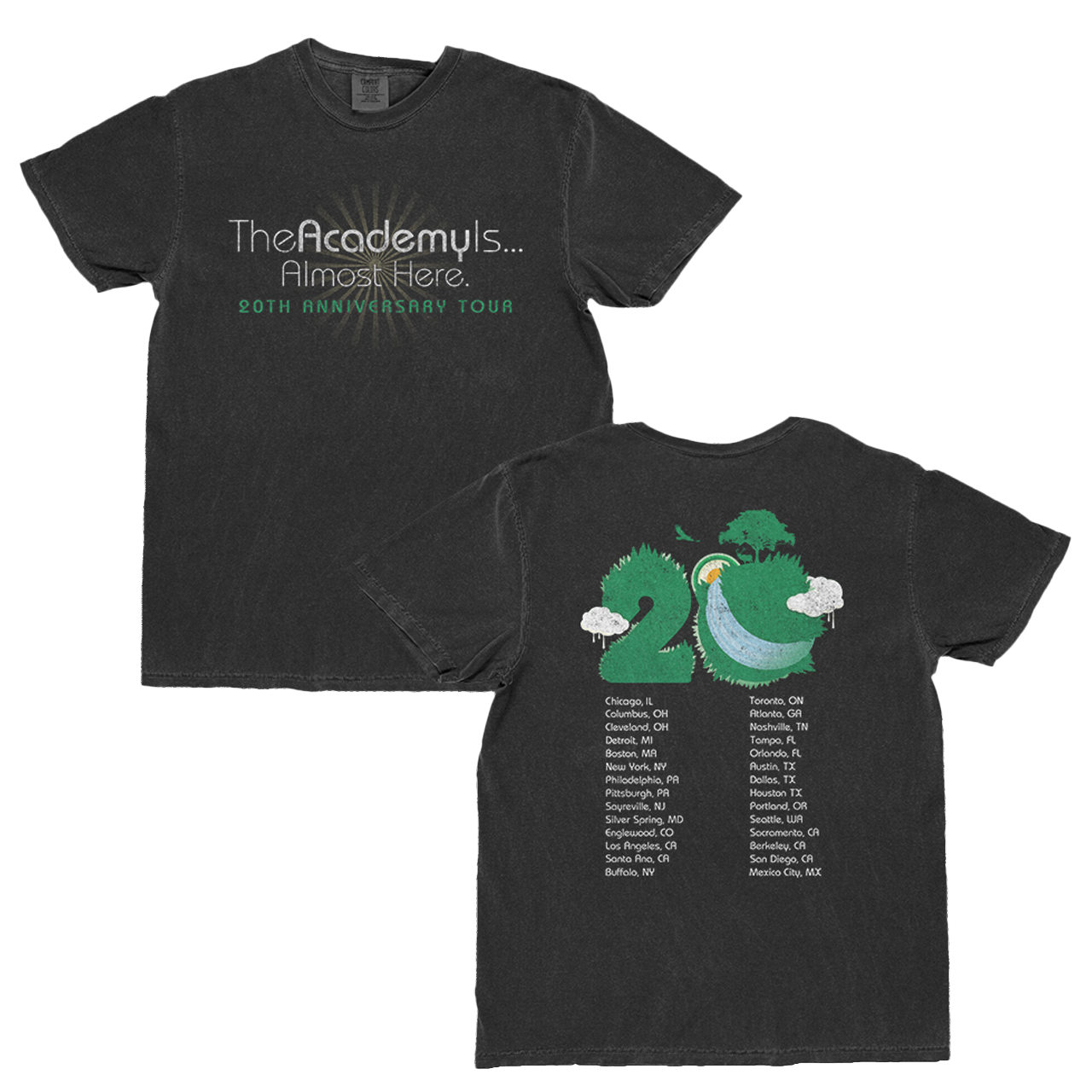 Black t-shirt with 'The Academy is Almost Here' text and green graphic on a white background