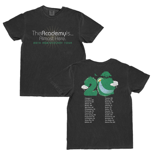 Black t-shirt with 'The Academy is Almost Here' text and green graphic on a white background