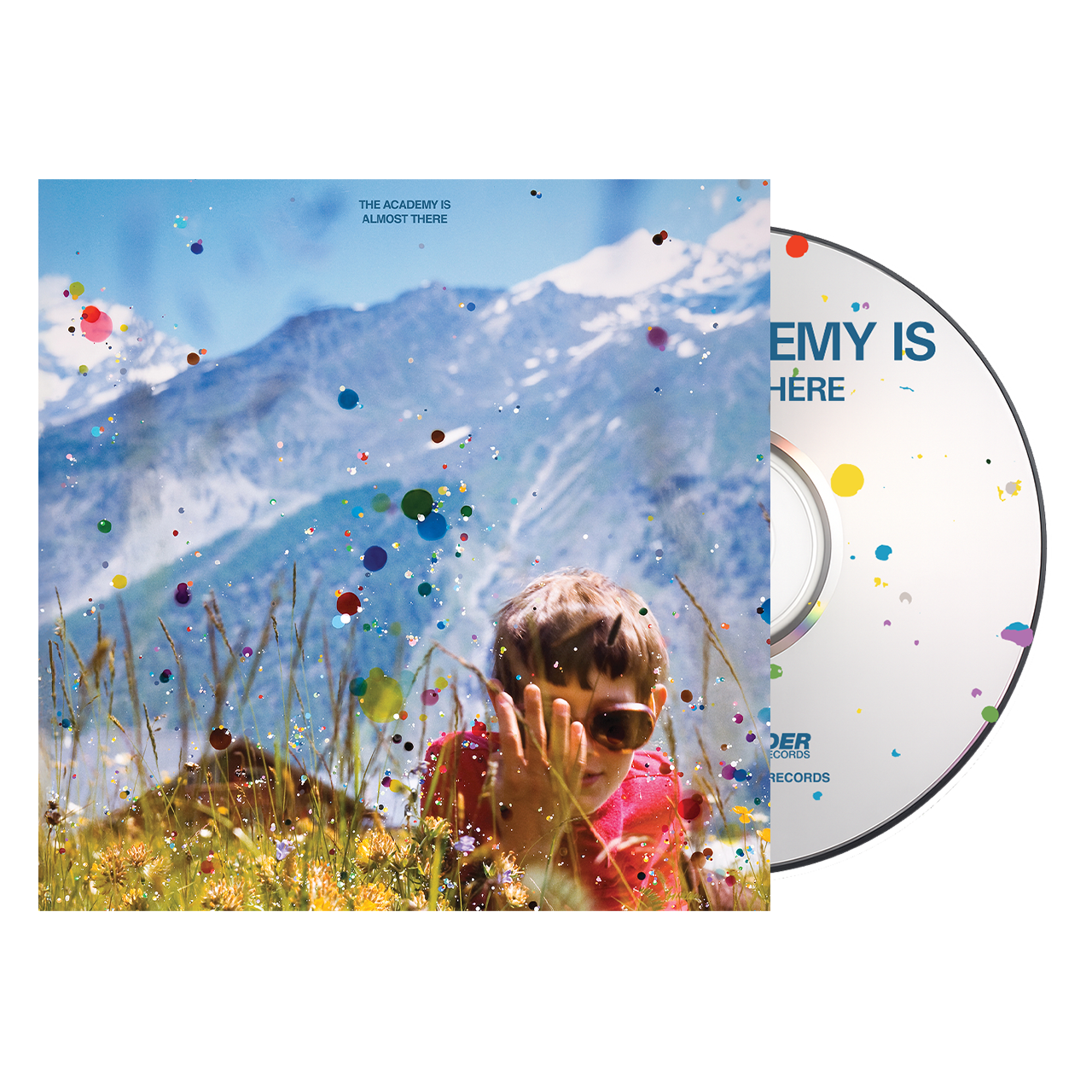 CD cover with a child in a field and mountain background, featuring colorful elements.