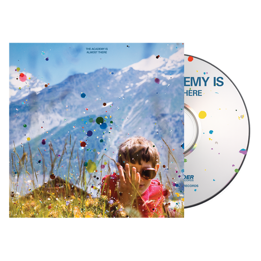 CD cover with a child in a field and mountain background, featuring colorful elements.