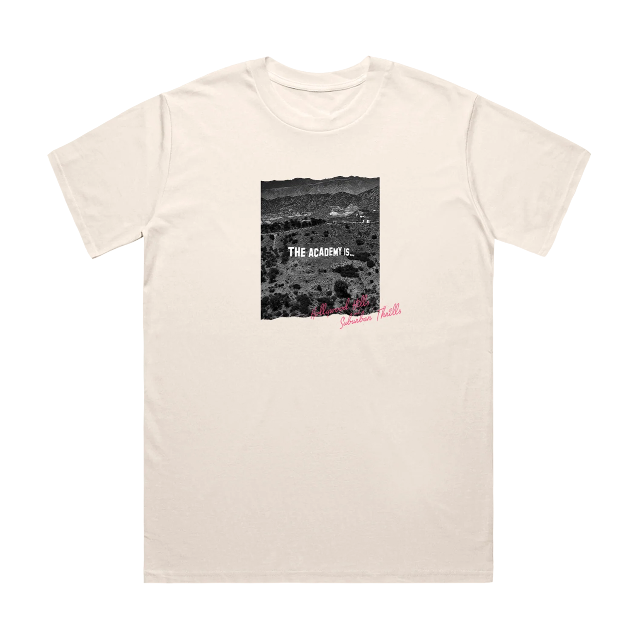 Beige t-shirt with a black and white graphic and text on a white background