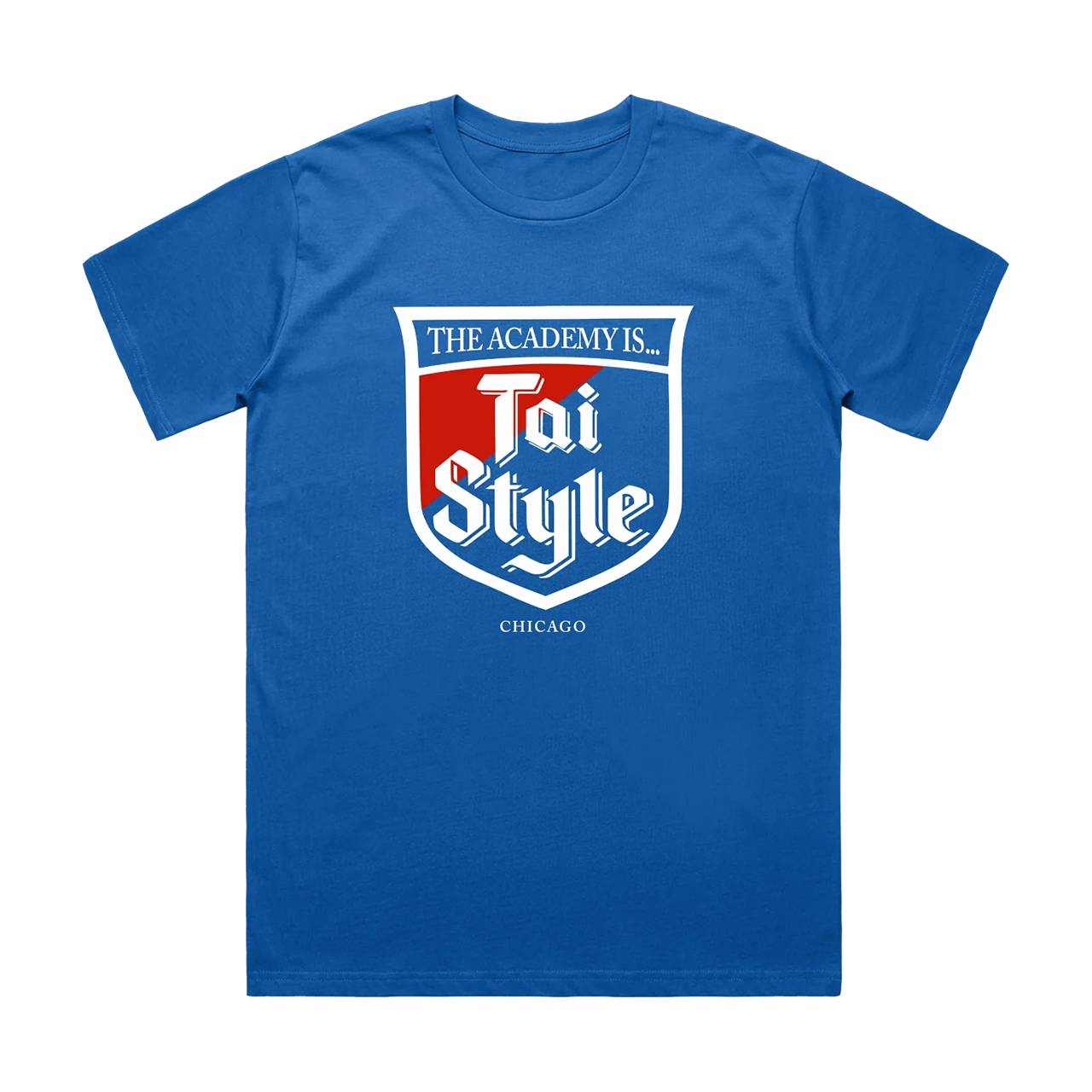 Blue t-shirt with a red and white logo on a white background